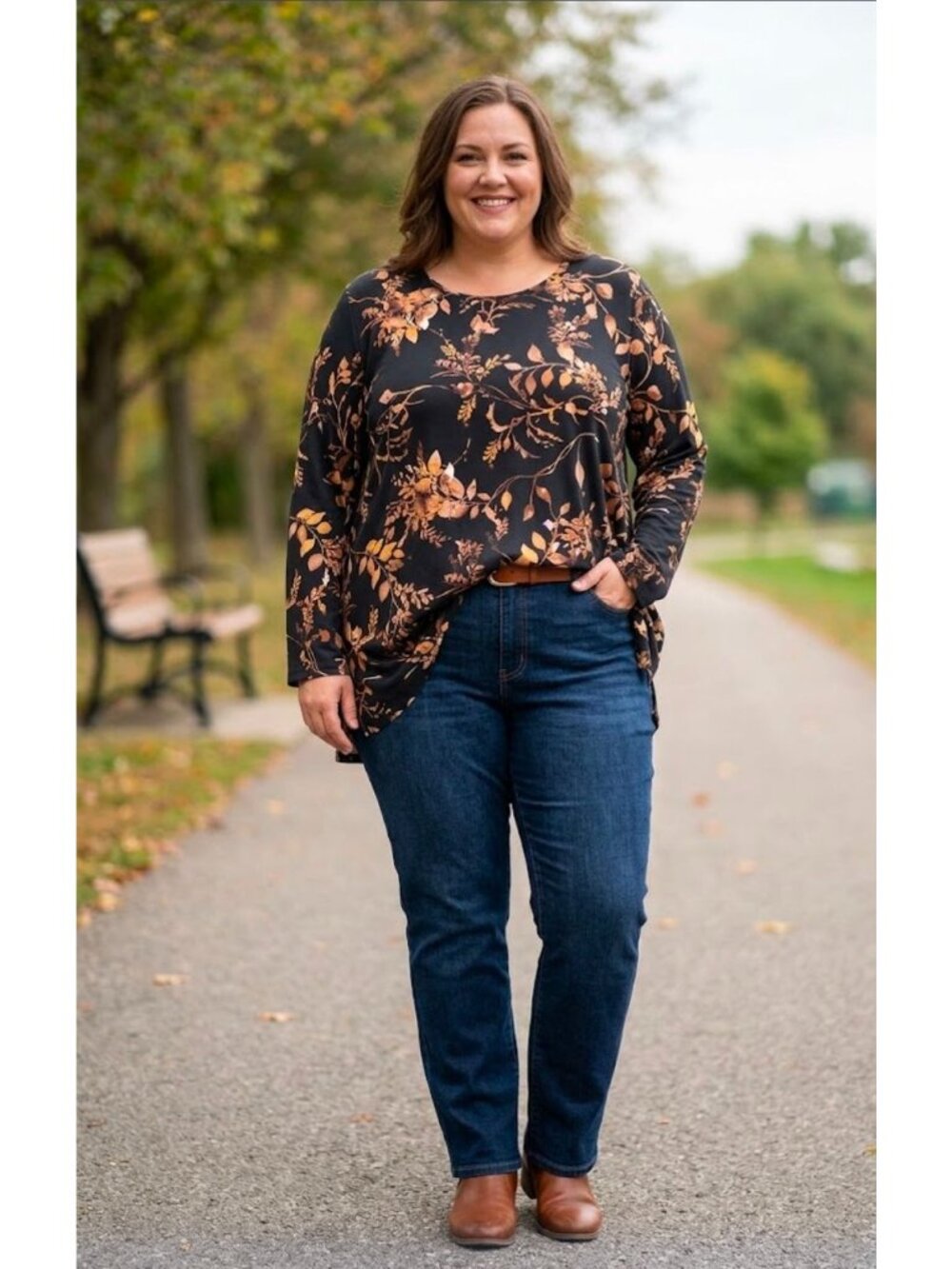 Susan Graver Womens Black & Gold Floral Tunic Dress Size 5X Long Sleeve Polyeste